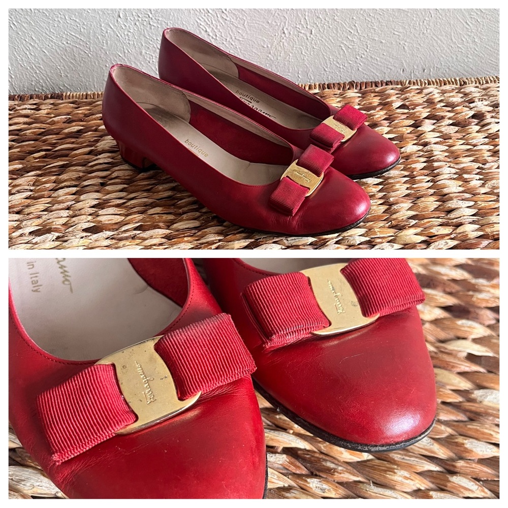 Vintage Salvatore Ferragamo ruby red Leather  bow low heels pumps 9.5 medium